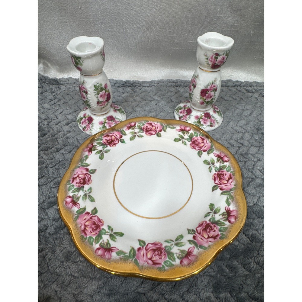 Salisbury Bone China England Pink Rose‎ Candlesticks and Scalloped Dish Set 3pc